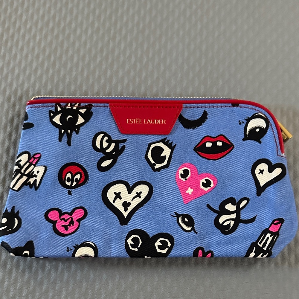 Estee Lauder Blue  Cosmetic Pouch with Red Trim and Pink Accents